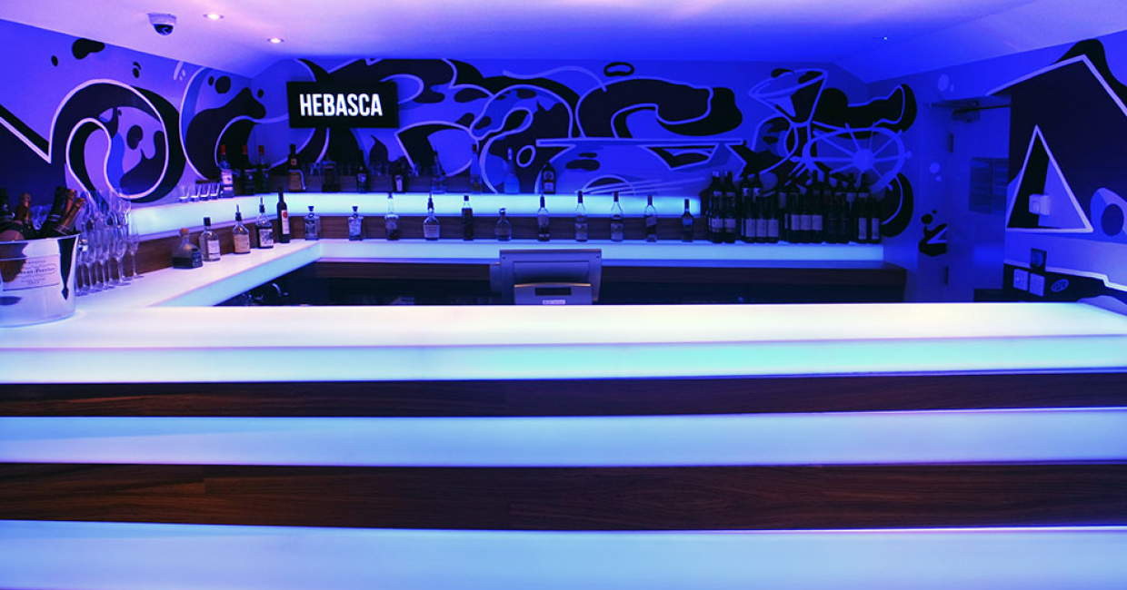 The striking cocktail bar at the newly-refurbished Hebasca Hotel in Bude features ultra-modern Hi-Macs solid surface