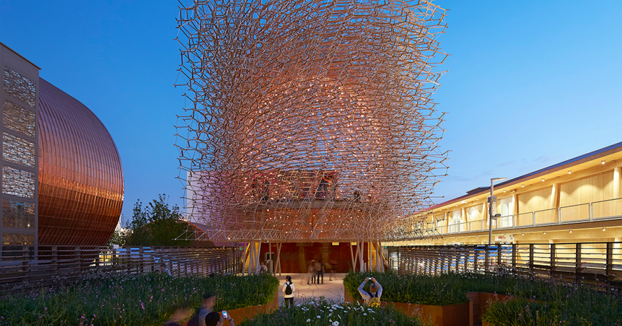 The beehive-inspired structure, manufactured and constructed by Stage One, at Milan 2015 Expo