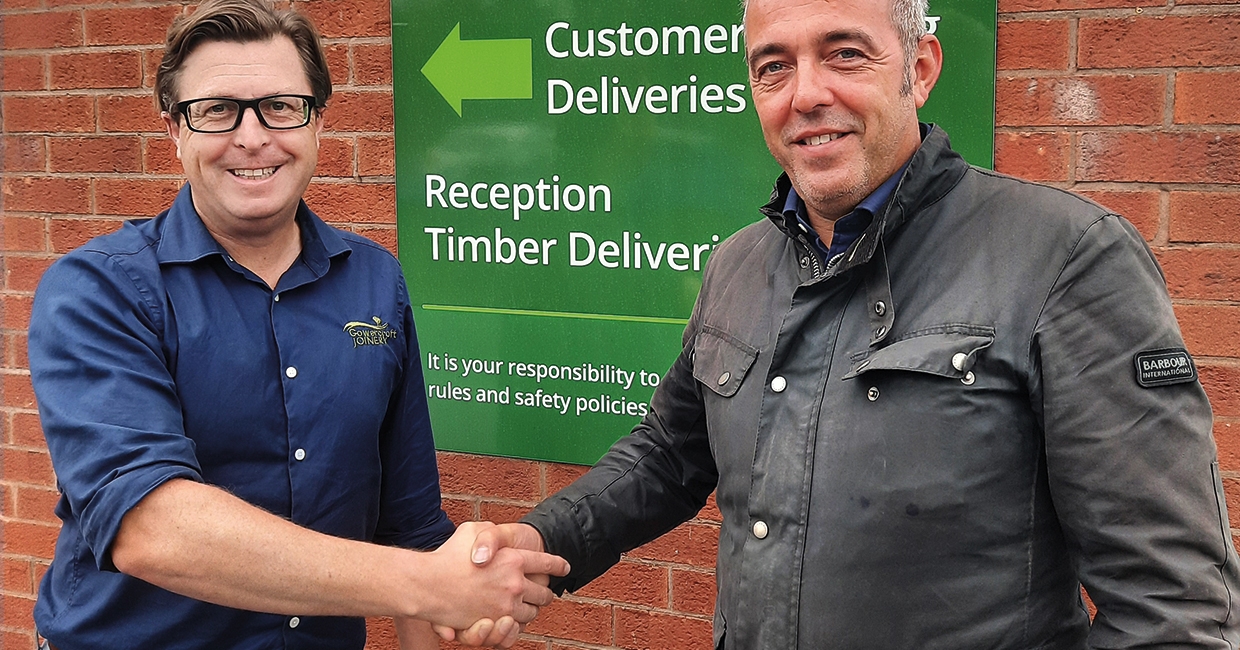 New Partnerships Manager Peter Buckley (left) is welcomed on board by Gowercroft Joinery's Head of Sales Joe Grimley.