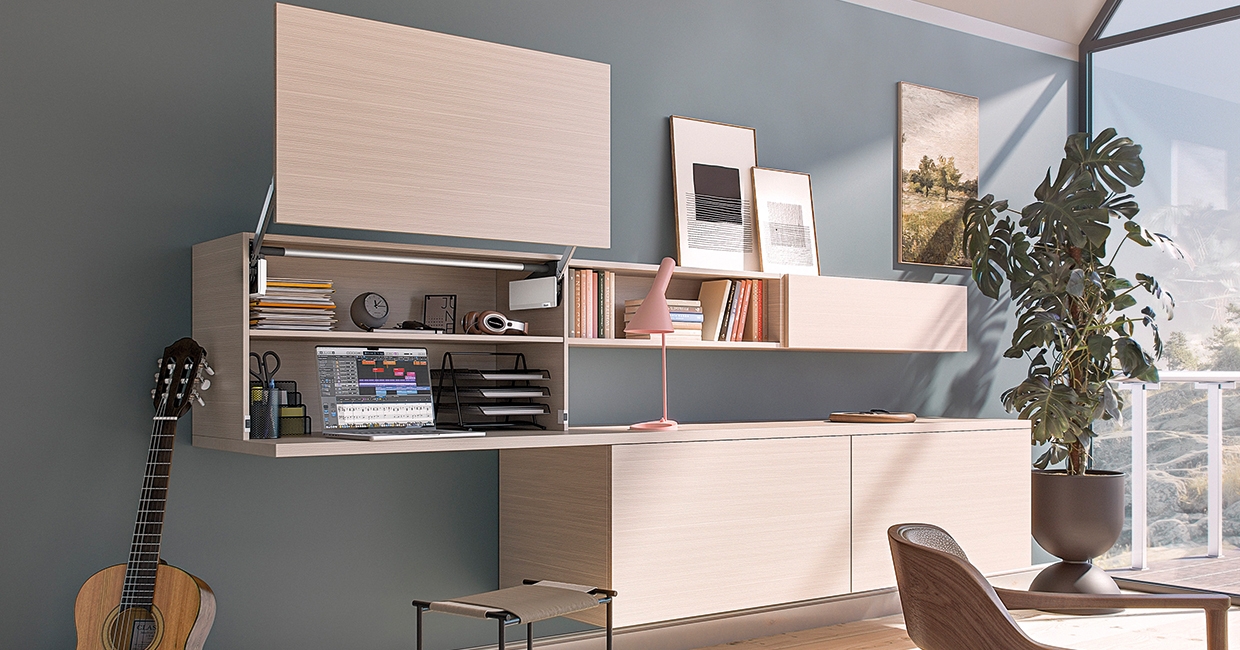 AVENTOS HL top is suitable for creative applications, such as skilfully making the home office disappear